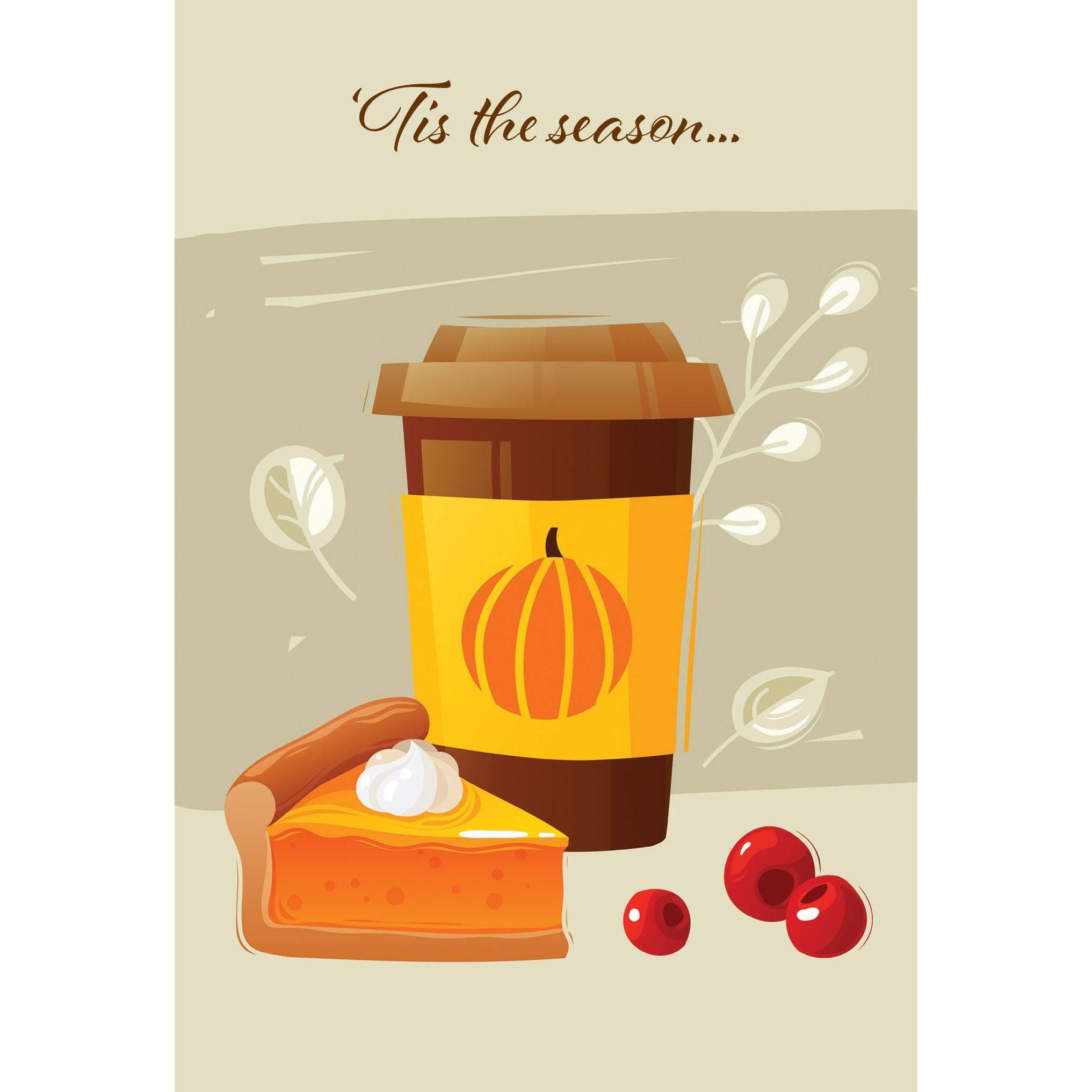 Thanksgiving card featuring coffee and pie illustrations from Pictura, perfect for holiday greeting messages.